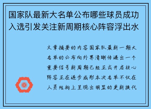 国家队最新大名单公布哪些球员成功入选引发关注新周期核心阵容浮出水面 国家队最新大名单公布哪些球员成功入选引发关注新周期核心阵容浮出水面