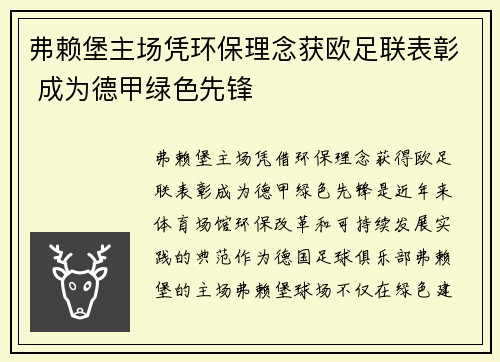 弗赖堡主场凭环保理念获欧足联表彰 成为德甲绿色先锋 弗赖堡主场凭环保理念获欧足联表彰 成为德甲绿色先锋